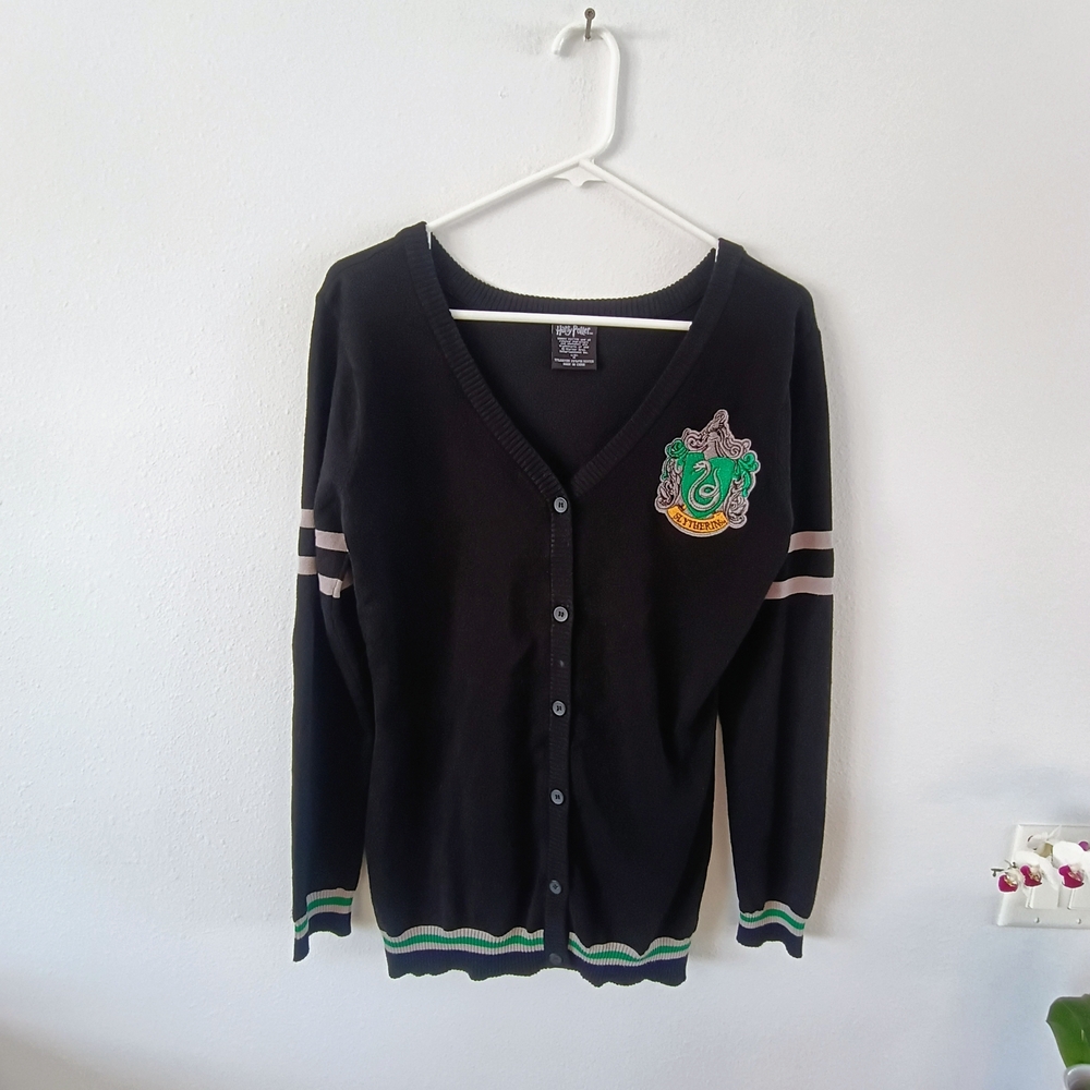 Harry Potter Slytherin Cardigan Womens Medium Black Crest Varsity Preppy